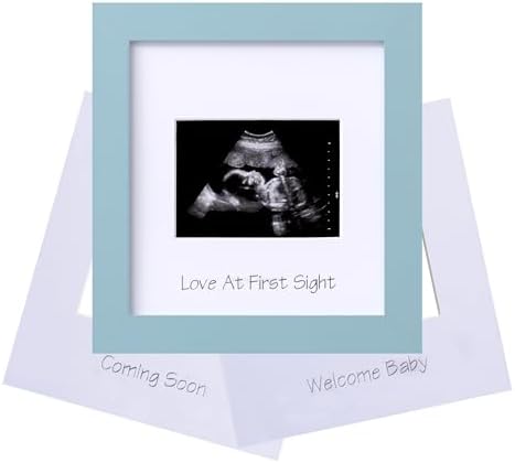 eletecpro Ultrasound Frame with Real Glass and 3 Mats 7x7 Baby Keepsake Frame for 3x4 Sonogram Photo Blue