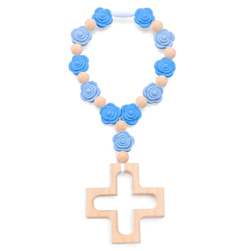 Landical Cross Baptism Silicone Rosary Baby Shower Gift Rose Blue