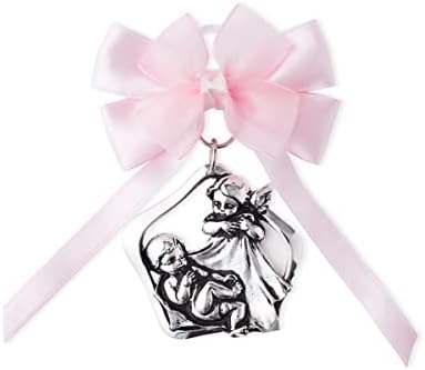 Guardian Angel Crib Medal with Satin Ribbon Rose
