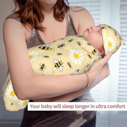Lcokin Cute Bee Swaddle Blanket Set with Beanie Hat