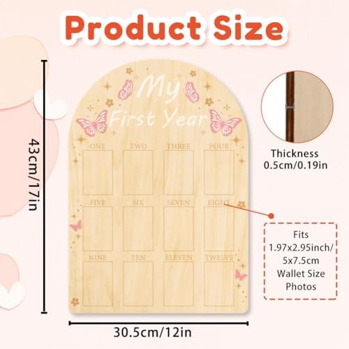 ORIGACH 12-Month Baby Growth Photo Display Board - Pink Butterfly Design