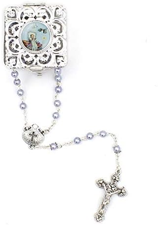 My First Baptism Gift Set for Baby Boy - Silver Rosary Box with Light Blue Pearl Rosary 1