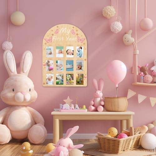 ORIGACH 12-Month Baby Growth Photo Display Board - Pink Butterfly Design