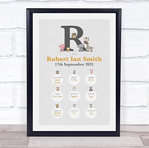 New Baby Birth Details Christening Initial R Animal Print
