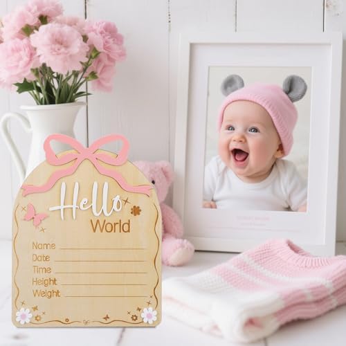 Gosknor Wooden Newborn Announcement Sign with Pink Bow