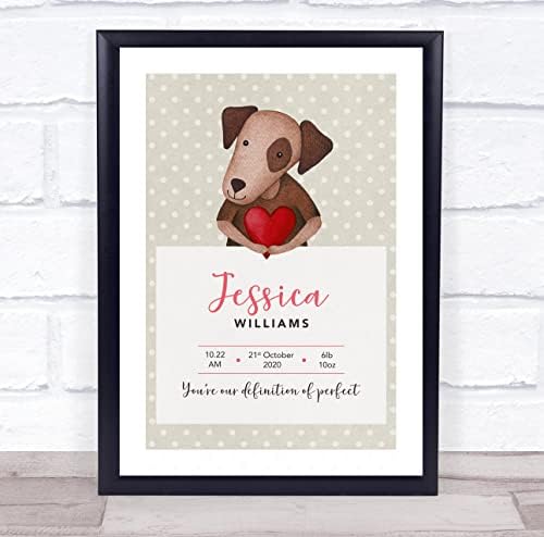 New Baby Birth Details Christening Dog Heart Keepsake Print