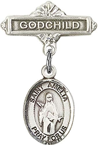 Sterling Silver Baby Badge with St Amelia Charm and Godchild Pin - Made in USA