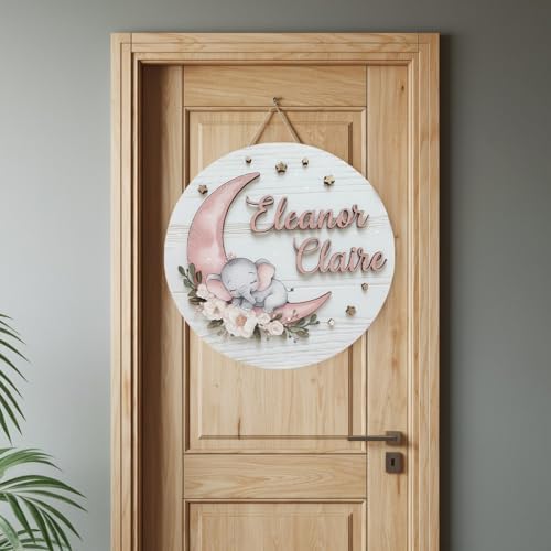 Personalized Wooden Name Sign with Stork and Clouds