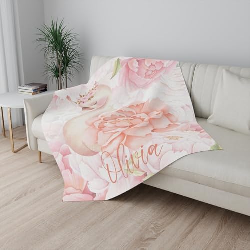 Customized Pink Baby Blanket with Floral Swan Design