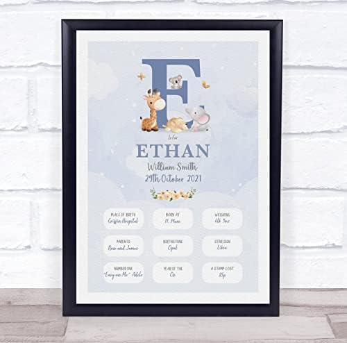 New Baby Birth Details Christening Nursery Blue Initial E Keepsake Print