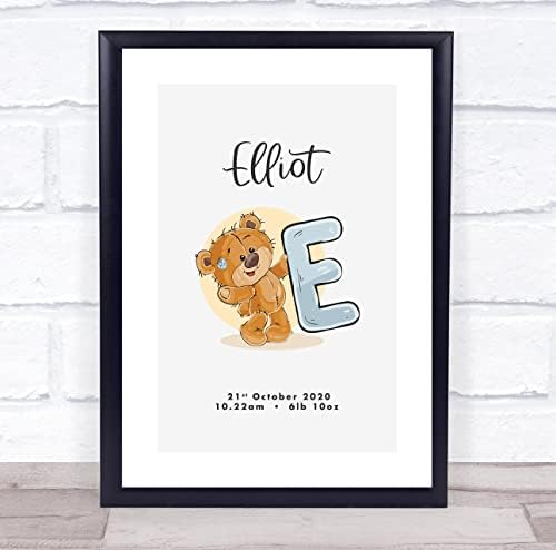 New Baby Birth Details Christening Nursery Bear Initial E Keepsake Print