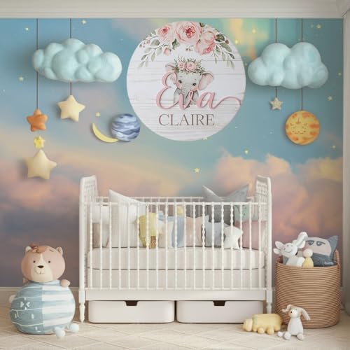 Personalized Wooden Name Sign with Floral Elephant Design