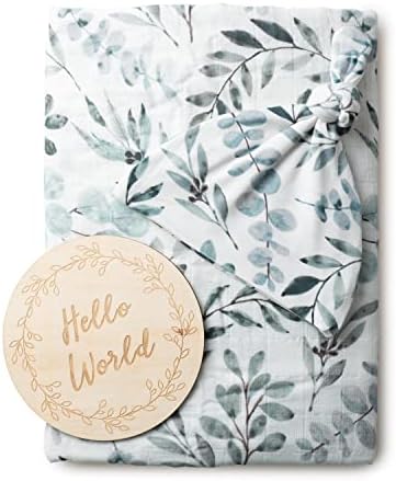 Miaoberry Organic Muslin Swaddle Blanket with Free Hat and Wooden Sign