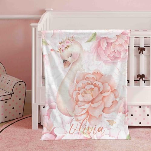 Customized Pink Baby Blanket with Floral Swan Design