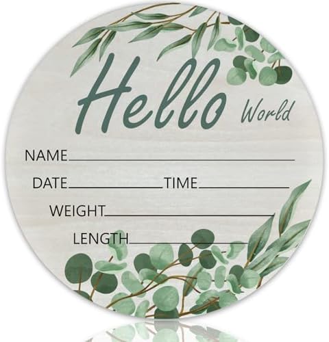 Hello World Olive Branch Newborn Sign - 6 Inch Round Birch Wood Baby Name Plaque