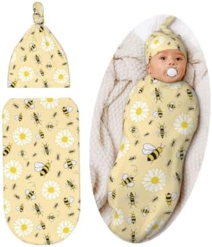 Lcokin Cute Bee Swaddle Blanket Set with Beanie Hat