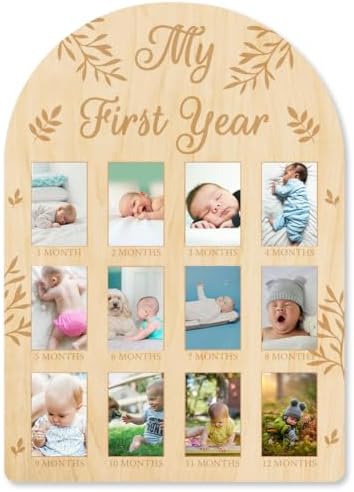 ORIGACH 12 Month Baby Growth Photo Frame - Wooden Board with Leaves Pattern