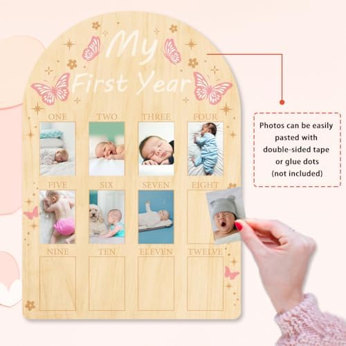 ORIGACH 12-Month Baby Growth Photo Display Board - Pink Butterfly Design