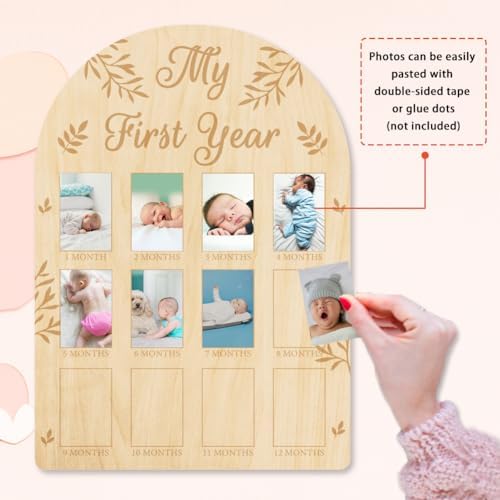 ORIGACH 12 Month Baby Growth Photo Frame - Wooden Board with Leaves Pattern