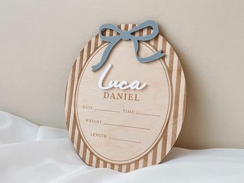 Custom Personalized Wooden Birth Stats Sign with Blue Bow