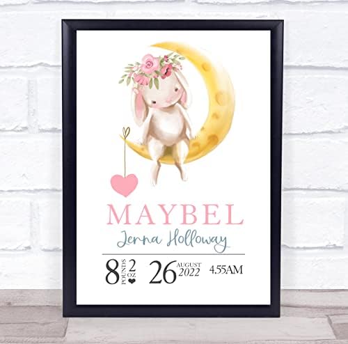 New Baby Birth Details Christening Moon Bunny Keepsake Print