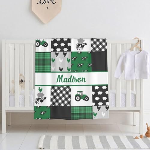 Personalized Baby Blanket with Name - Farm Theme Green Fleece Blanket for Newborns