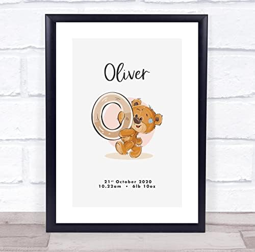 New Baby Birth Details Christening Bear Initial Print