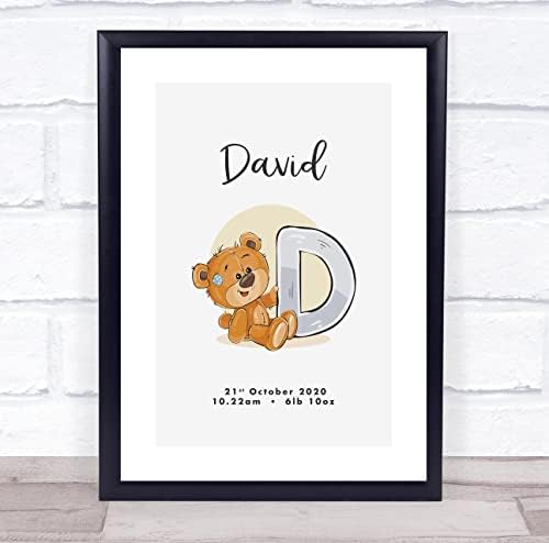 New Baby Birth Details Christening Bear Initial Print Keepsake