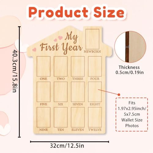 ORIGACH First Year Baby Growth Photo Board - 12 Months Wood Frame with Pink Heart