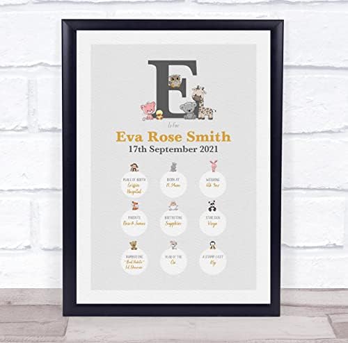 New Baby Birth Details Christening Animal Initial E Print 1