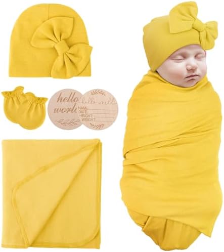 AQOKKA Newborn Swaddle Blanket with Bow Hat Mittens Wooden Card Set 1
