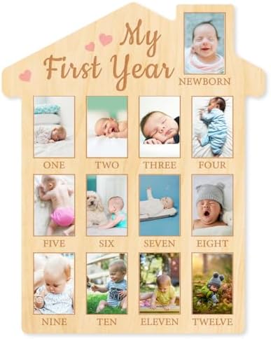 ORIGACH First Year Baby Growth Photo Board - 12 Months Wood Frame with Pink Heart