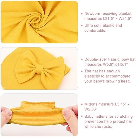 AQOKKA Newborn Swaddle Blanket with Bow Hat Mittens Wooden Card Set 1