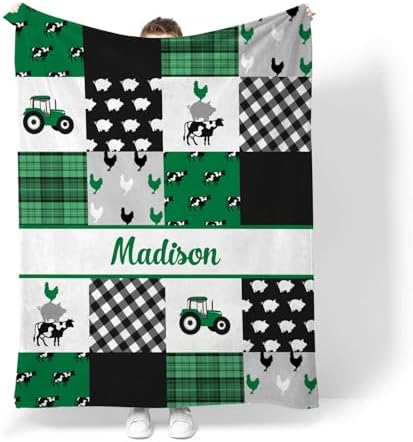 Personalized Baby Blanket with Name - Farm Theme Green Fleece Blanket for Newborns