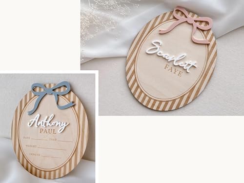 Custom Personalized Wooden Birth Stats Sign with Blue Bow