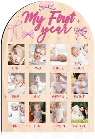 My First Year Photo Board - Pink Bow Wooden Frame 1