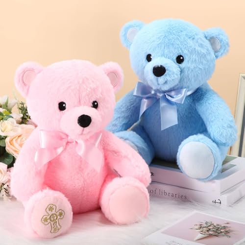 Syhood 12 Inch Plush Bear Baptism Gift with Bow and Embroidered Cross