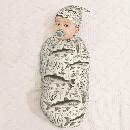 Muishi Vintage Bass Fishes Fishing Swaddle Blanket Hat Set 1