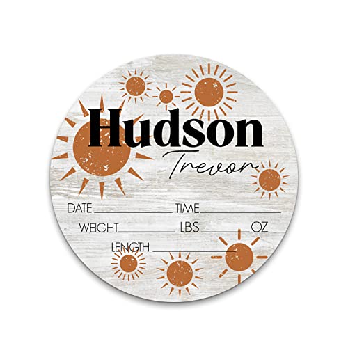 Personalized Birth Stat Sign for Newborn Baby Grey Boho Eight Suns Design