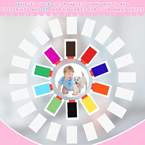 Teling 48 Pcs Inkless Baby Footprint Kit with 16 Color Ink Pads 32 Imprint Cards