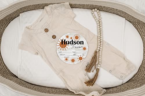 Personalized Birth Stat Sign for Newborn Baby Grey Boho Eight Suns Design