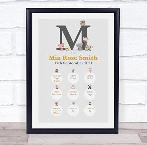 New Baby Birth Details Christening Animal Initial Print 1