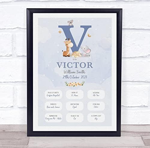 New Baby Birth Details Christening Nursery Blue Initial V Keepsake Frame
