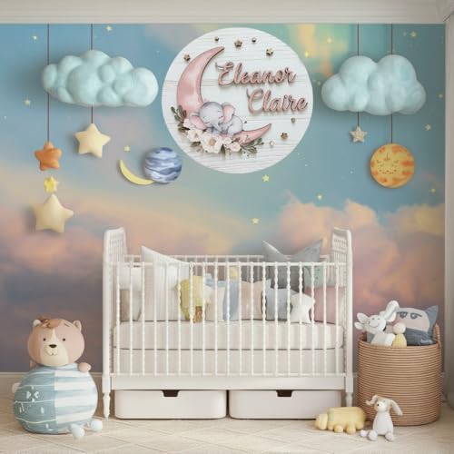 Personalized Wooden Name Sign with Stork and Clouds