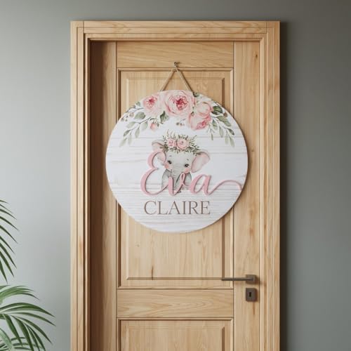 Personalized Wooden Name Sign with Floral Elephant Design
