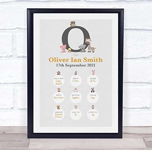 New Baby Birth Details Christening Initial Animal Print