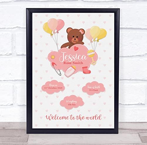 The Card Zoo New Baby Birth Details Christening Bear Pink Keepsake Print