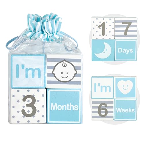 Im Solid Wood Milestone Blocks for Baby Growth 4 Pcs Blue