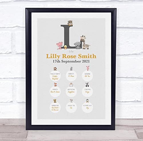 New Baby Birth Details Christening Nursery Animal Initial L Keepsake Print