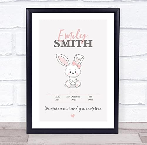 New Baby Birth Details Christening White Rabbit Girl Keepsake Print